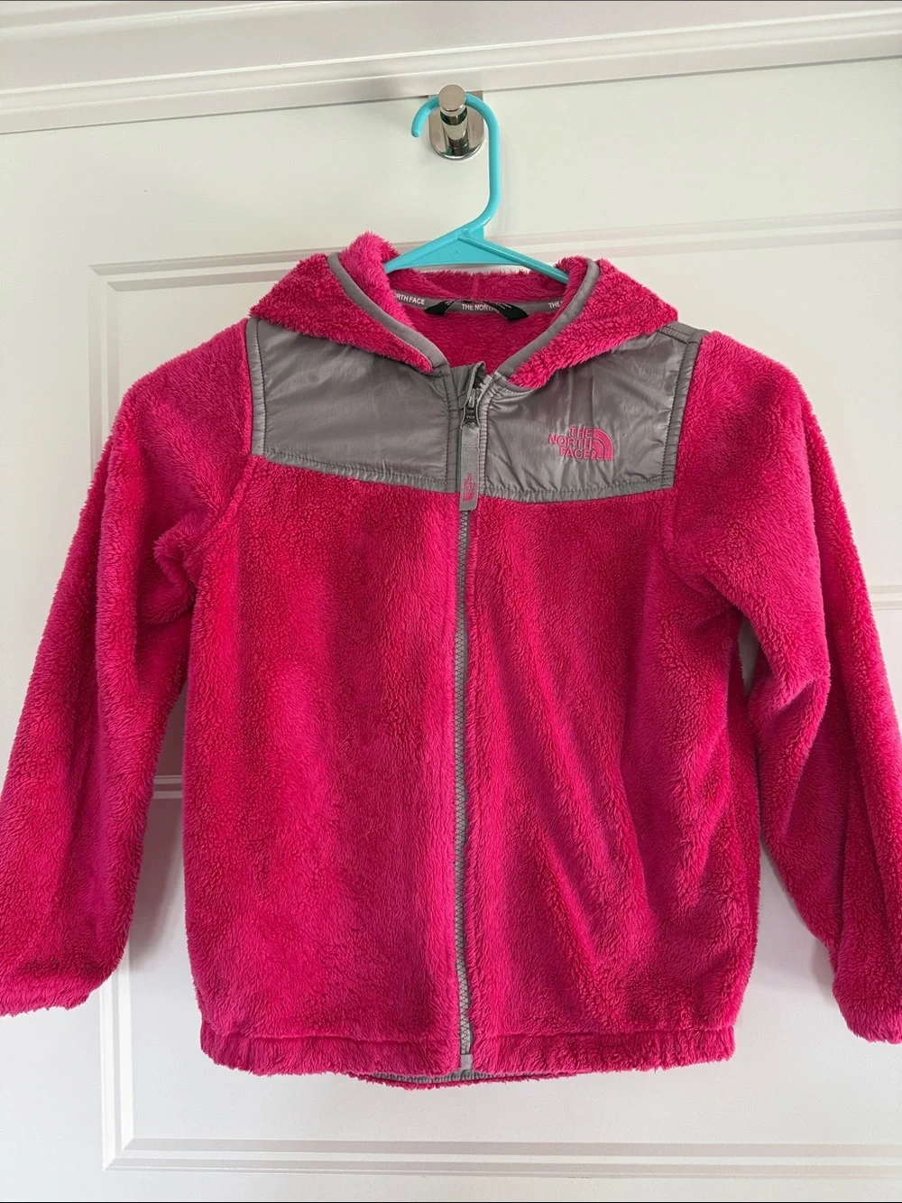 The North Face Girls' Magenta Fleece Hoodie with Gray Shoulder Panels